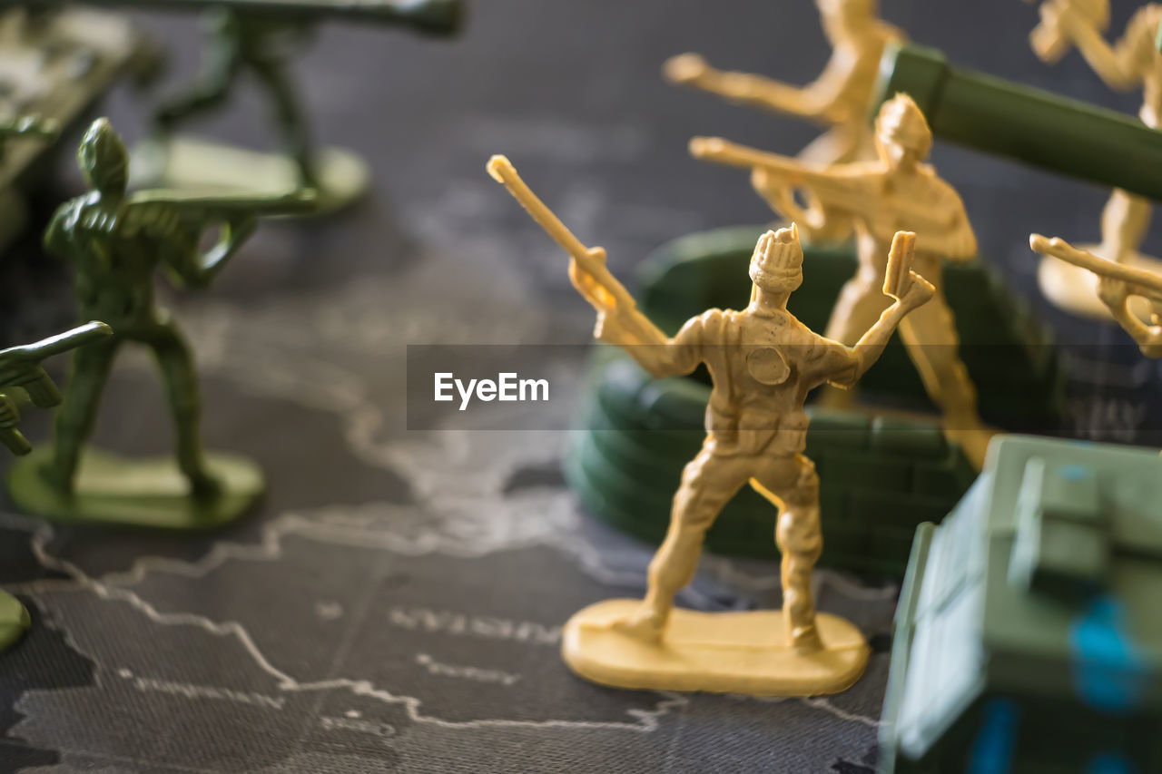 close-up of figurines on table