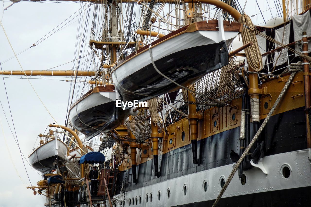 Low angle view of tall ship rigging