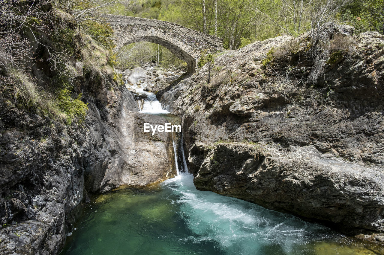 Water flowing through rocks in forest