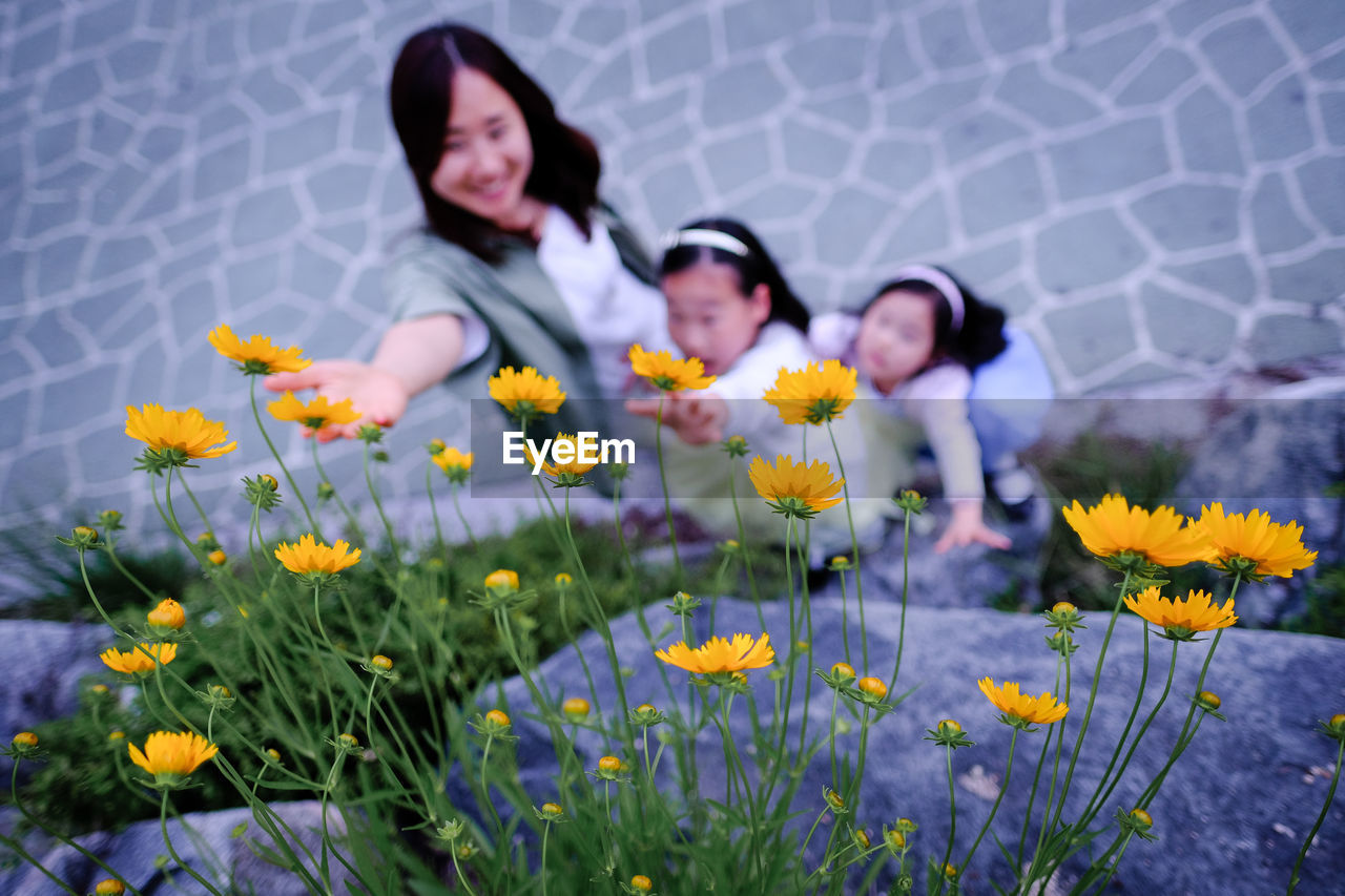 High angle view of woman and children reaching towards yellow flowers