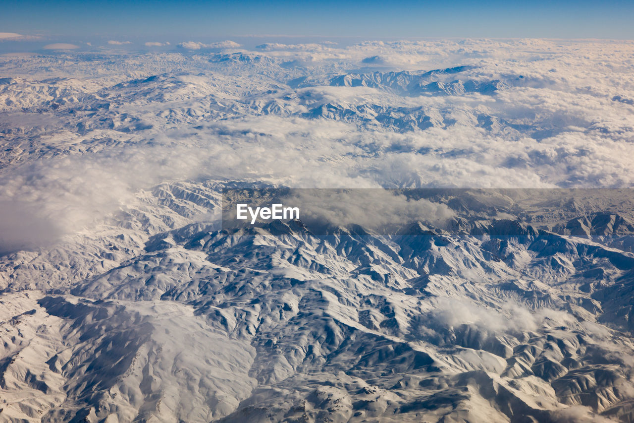 Aerial view of snowcapped mountains against sky