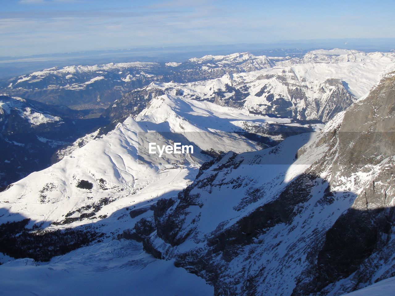 Aerial view of snowcapped mountains against sky