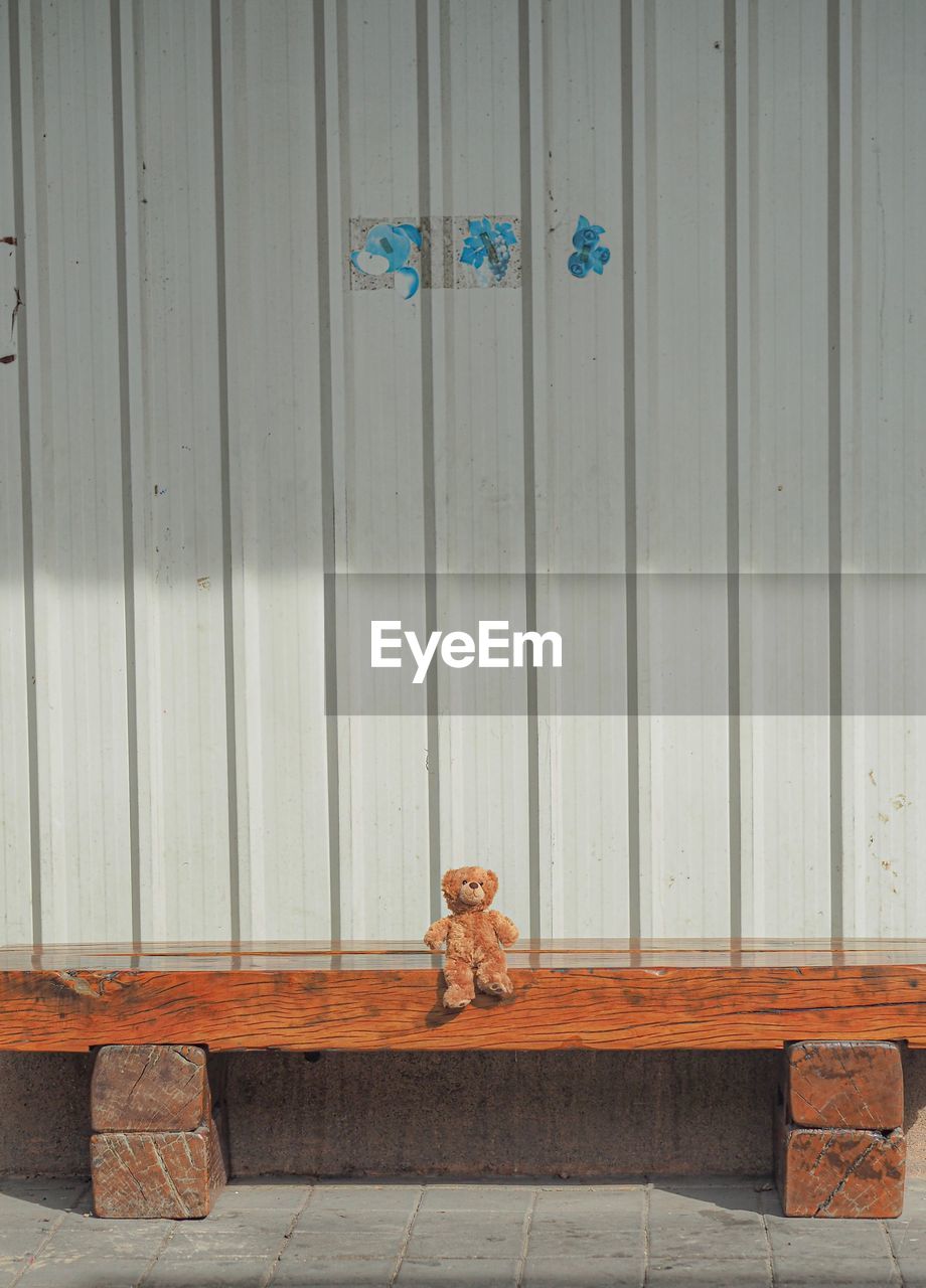 STUFFED TOY ON WOODEN DOOR WITH CLOSED GATE