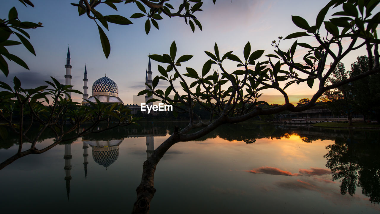 Reflection of trees and a mosque in water at dawn