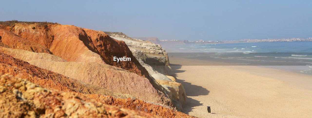 ROCK FORMATIONS ON BEACH AGAINST SKY