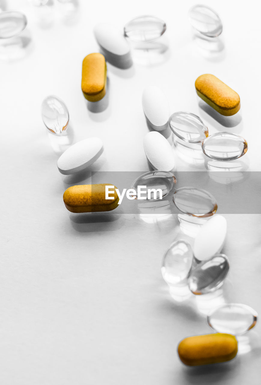 high angle view of pills on table