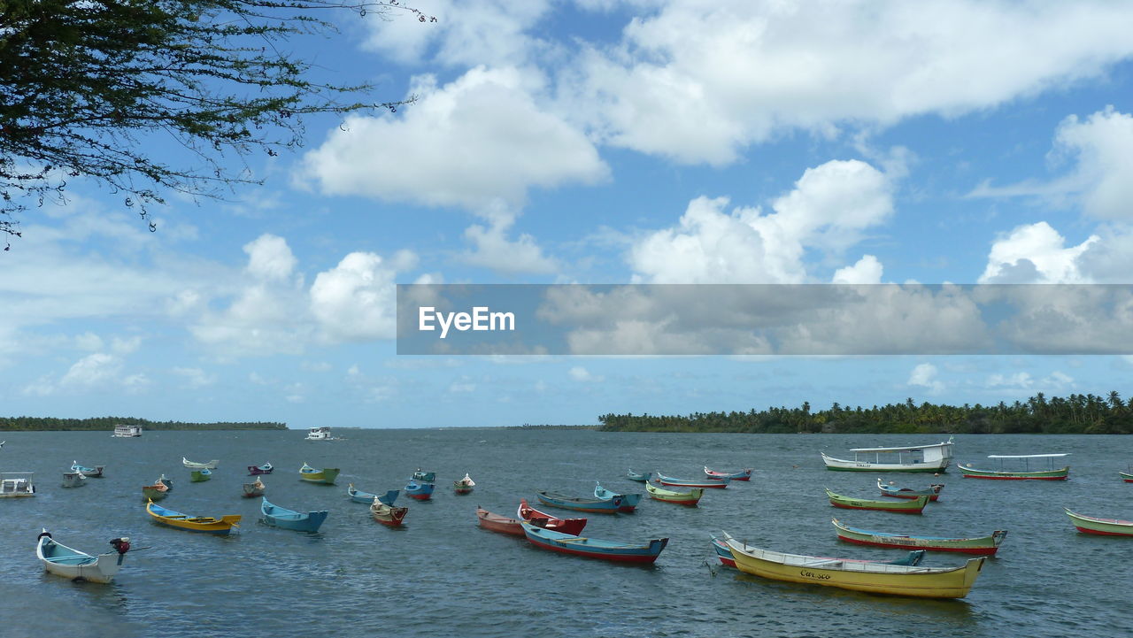 Boats moored in sea against sky