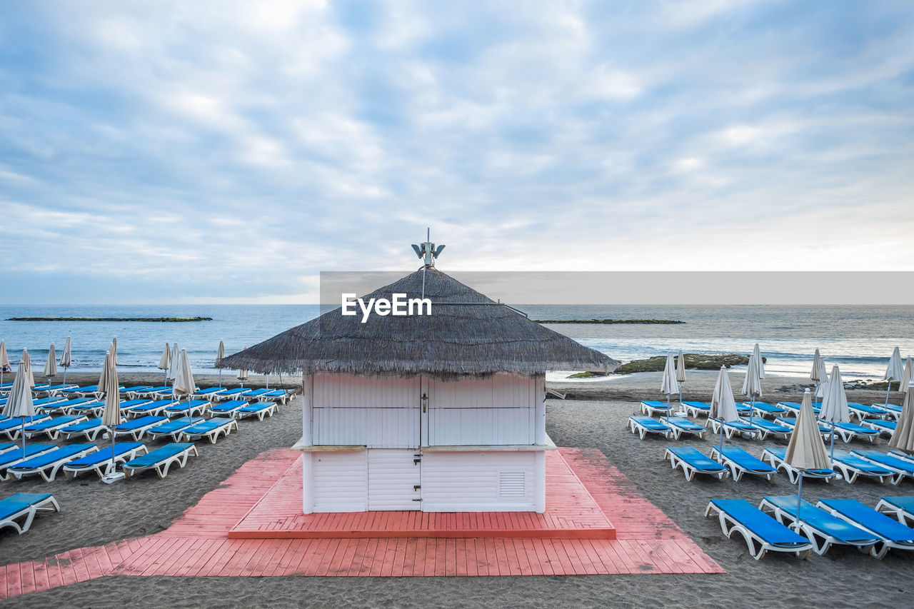 High angle view of built structure at beach against sky