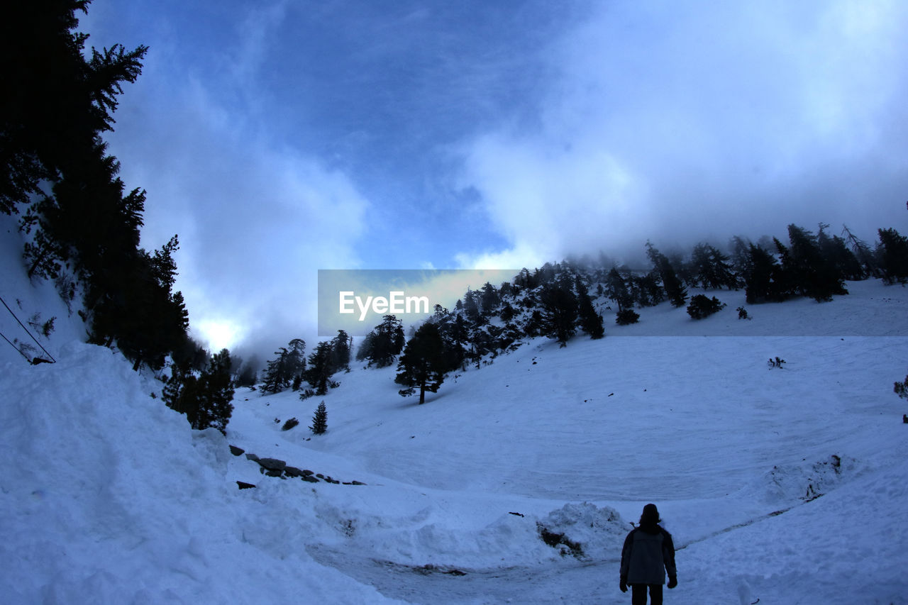 snow, winter, cold temperature, mountain, winter sports, tree, sky, scenics - nature, sports, nature, environment, leisure activity, beauty in nature, landscape, adventure, skiing, cloud, holiday, vacation, mountain range, plant, trip, footwear, land, travel, travel destinations, forest, snowcapped mountain, non-urban scene, activity, coniferous tree, pine tree, ski holiday, pinaceae, hiking, one person, extreme sports, men, outdoors, silhouette, lifestyles, full length, adult, tourism, day, snowboarding, frozen, tranquil scene, sports equipment, tranquility
