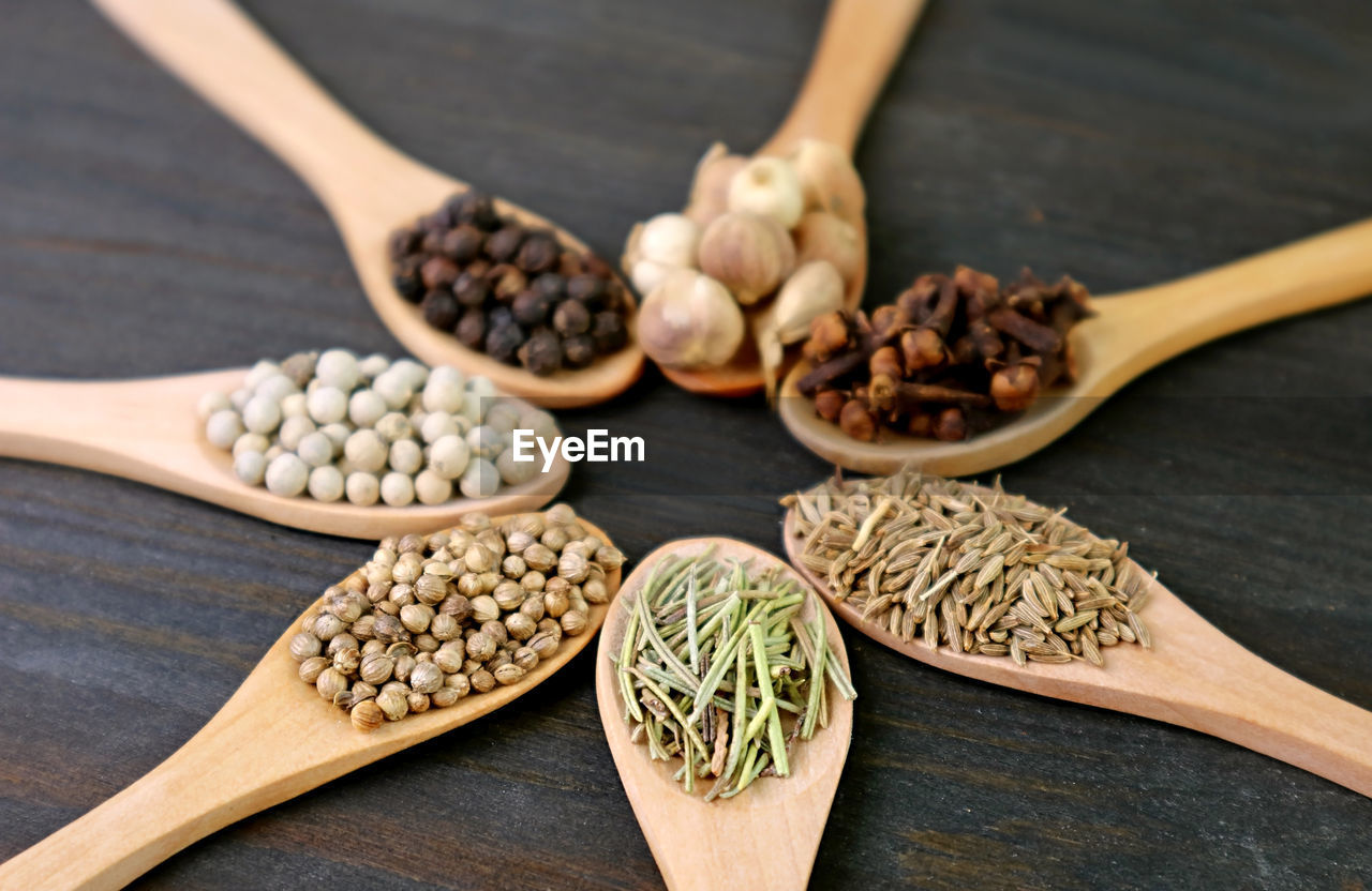 
closeup of assorted aromatic spices in wooden spoons with selective focus
