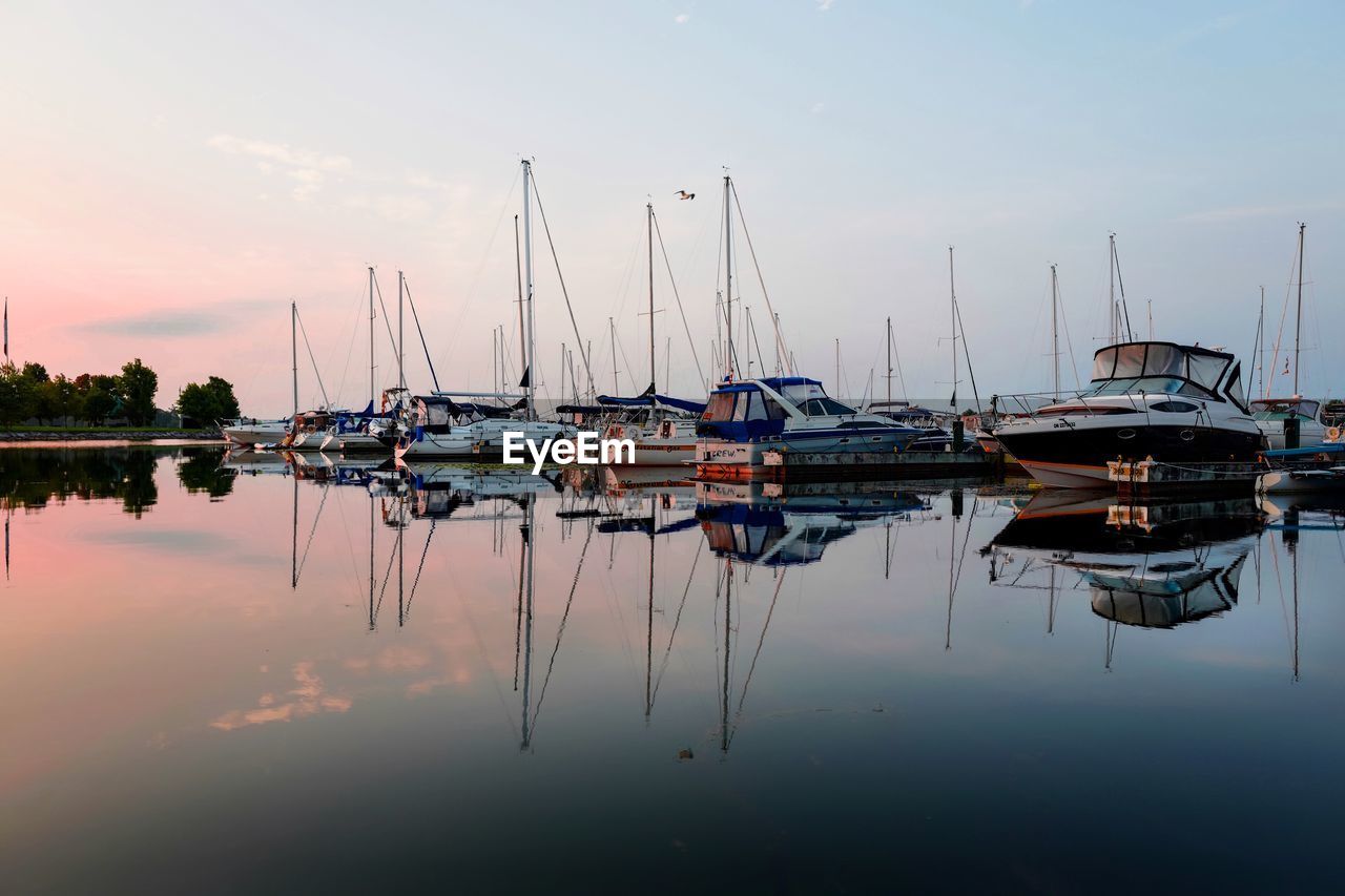 Sailboats moored in harbor against sky