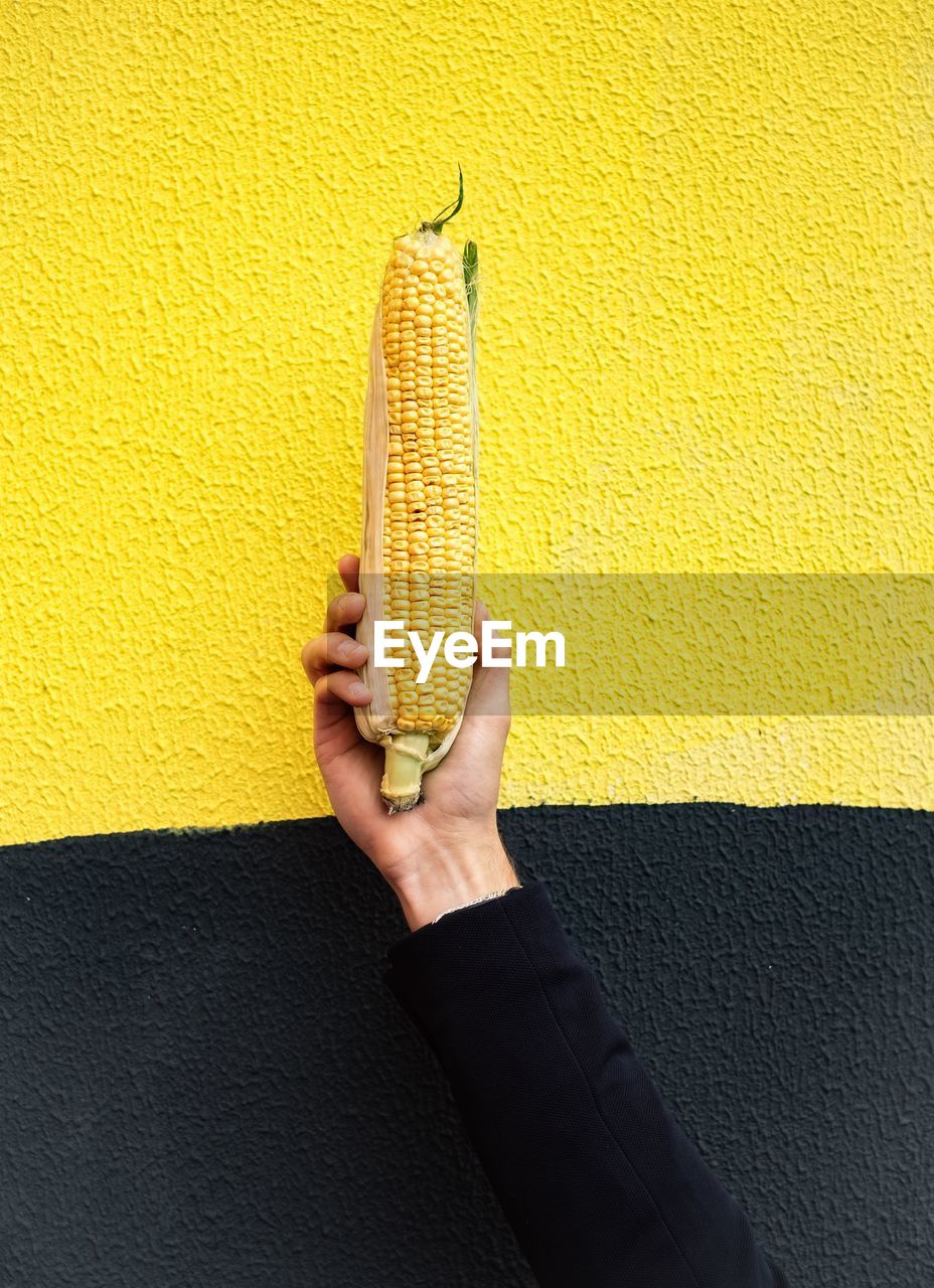 Person holding corn against wall