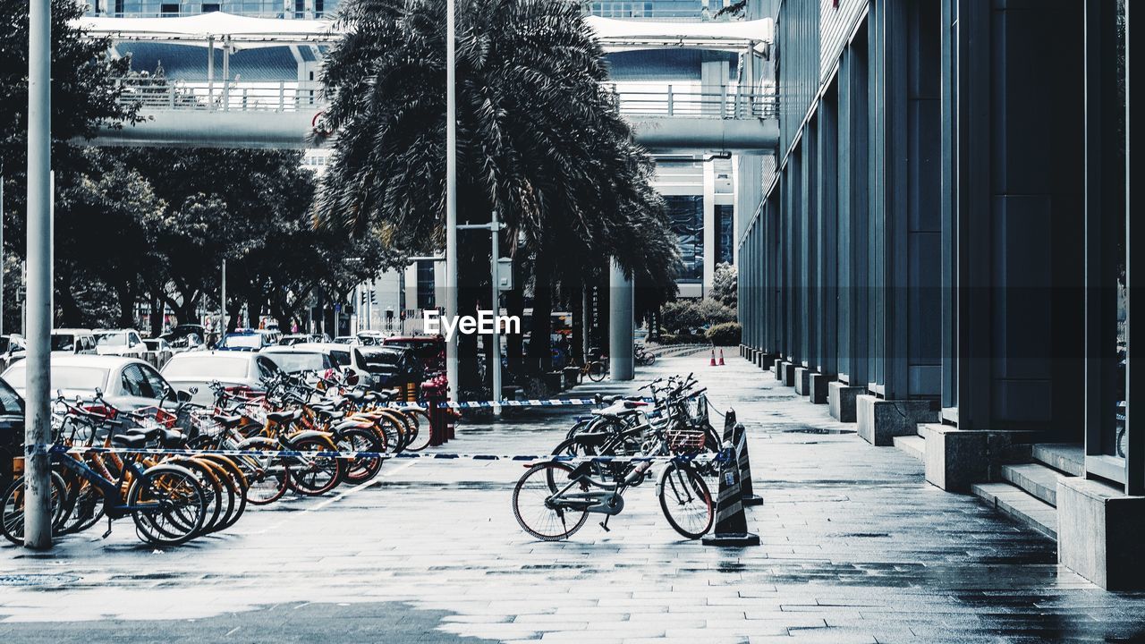 BICYCLES PARKED ON STREET AMIDST BUILDINGS