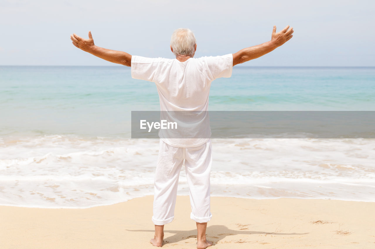rear view of man standing at beach against sky
