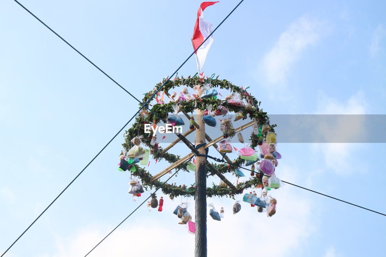 LOW ANGLE VIEW OF MULTI COLORED FLOWER HANGING ON PLANT AGAINST SKY