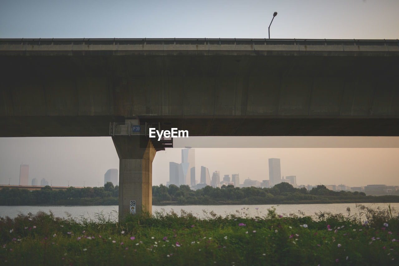 Bridge over river in city against clear sky