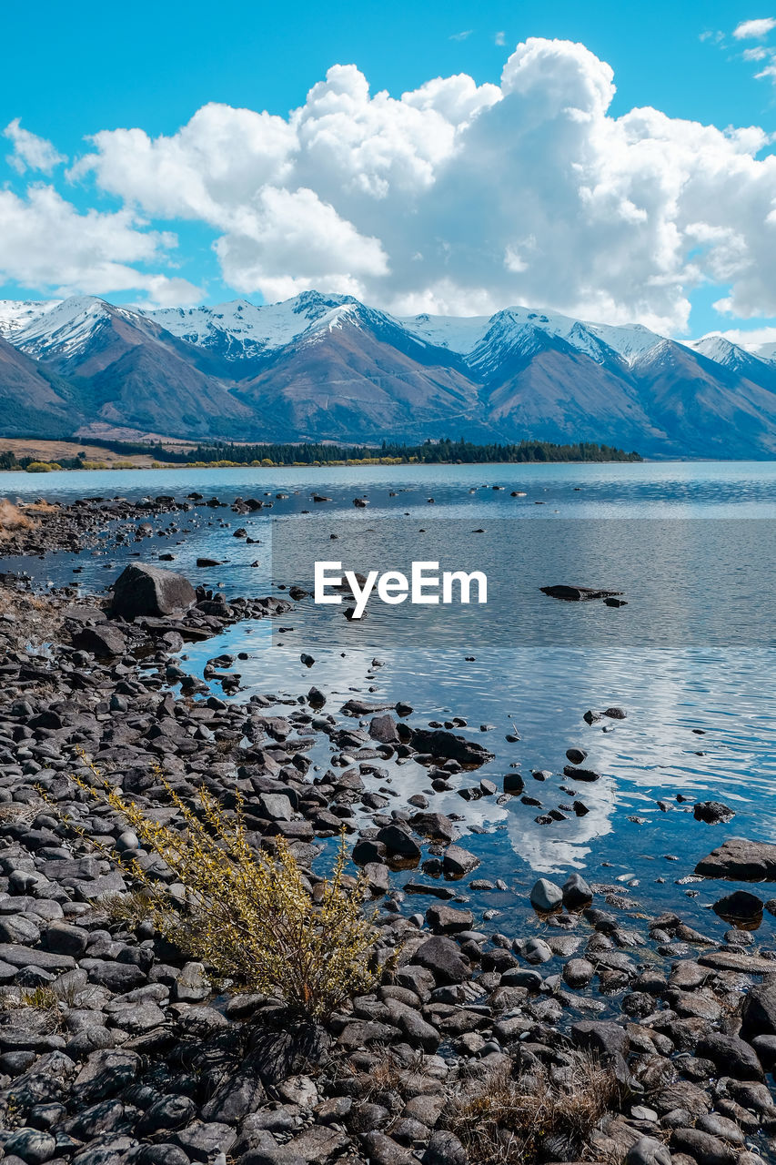 Scenic view of lake and snowcapped mountains against sky