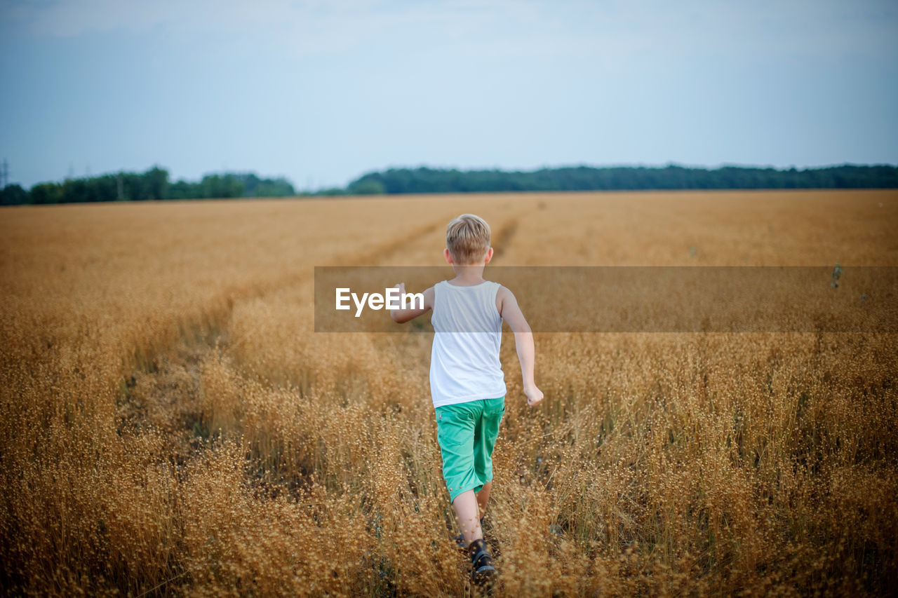 Rear view of boy on field