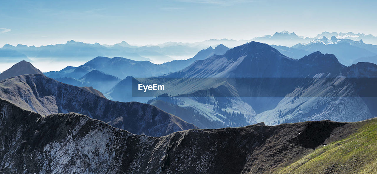 Panoramic view of snowcapped mountains against sky