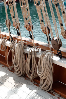 Ropes tied with pulley on boat