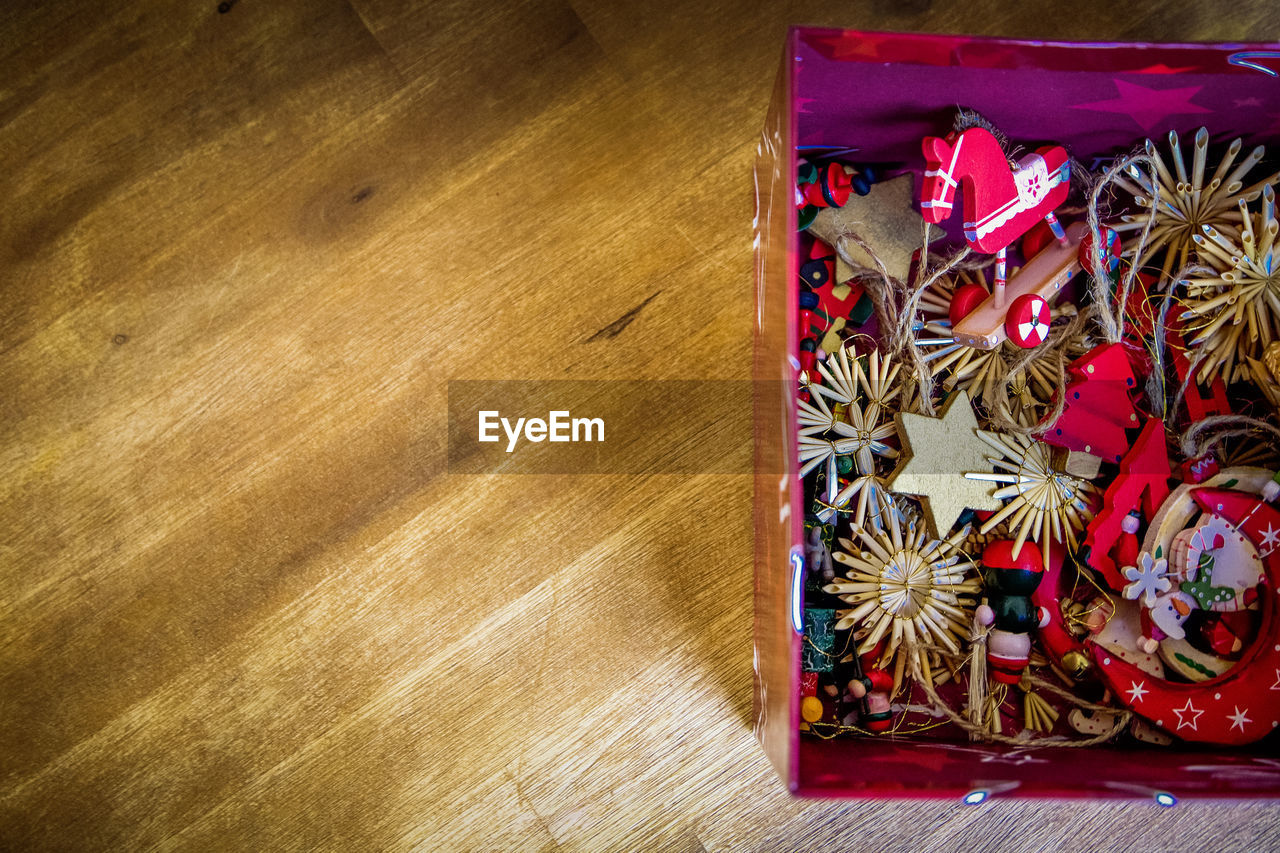 High angle view of christmas decorations on table