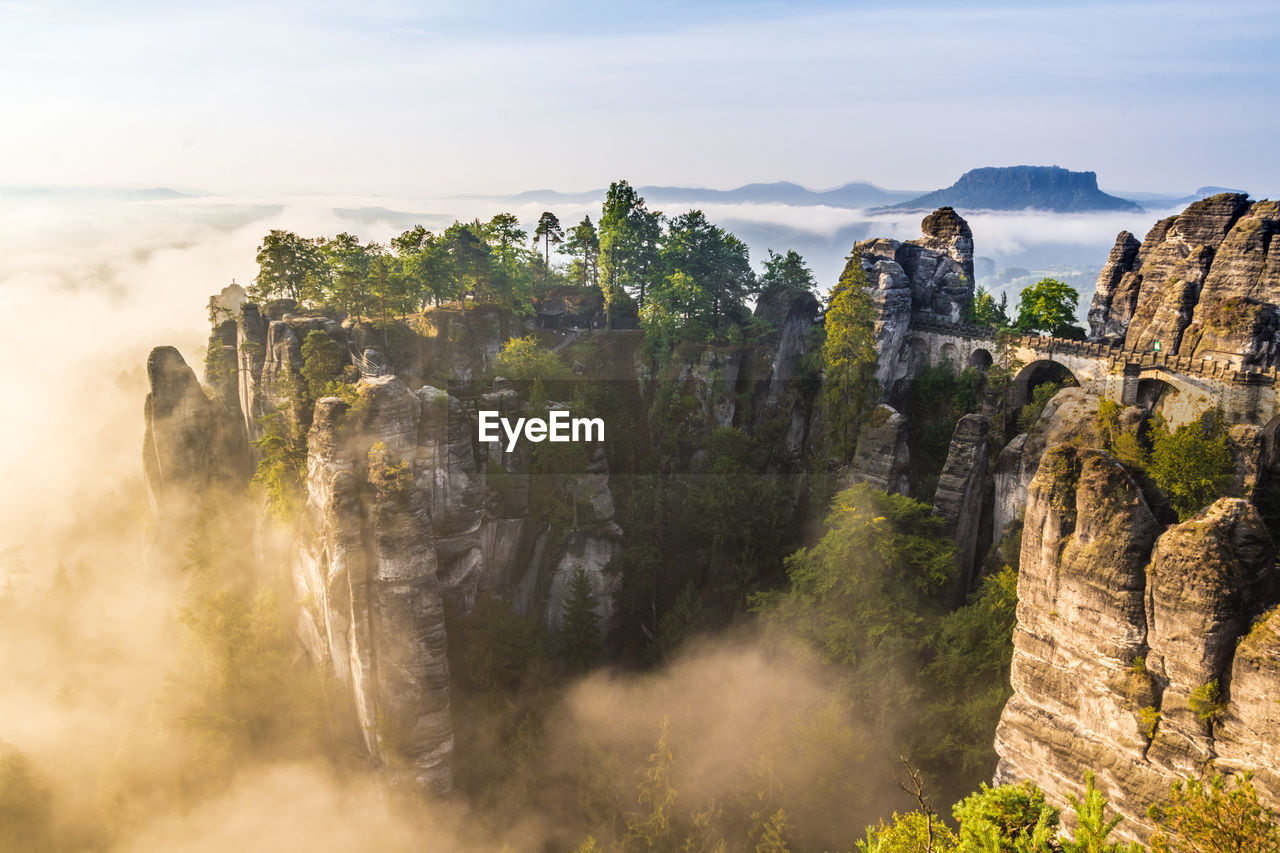 High angle view of bastei during foggy weather