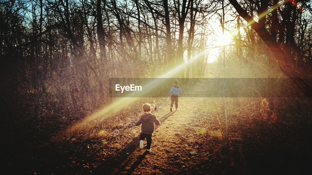 Rear view of siblings running on dirt road amidst bare trees during sunny day