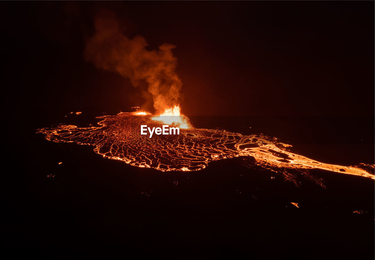 Aerial drone image of meradalir eruption of fagradalsfjall volcano in iceland 2022