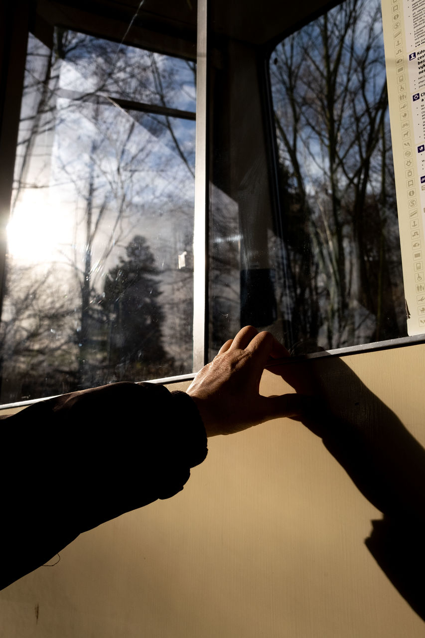 hand, one person, window, light, nature, tree, sky, architecture, indoors, day, bare tree, adult, sunlight, silhouette, glass, built structure, wood, reflection, lifestyles