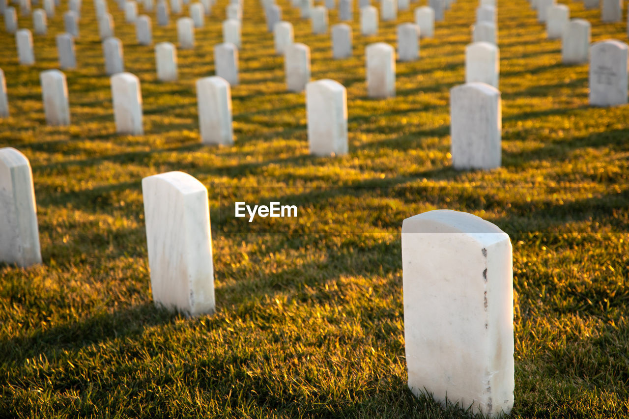 White cemetery on field. 