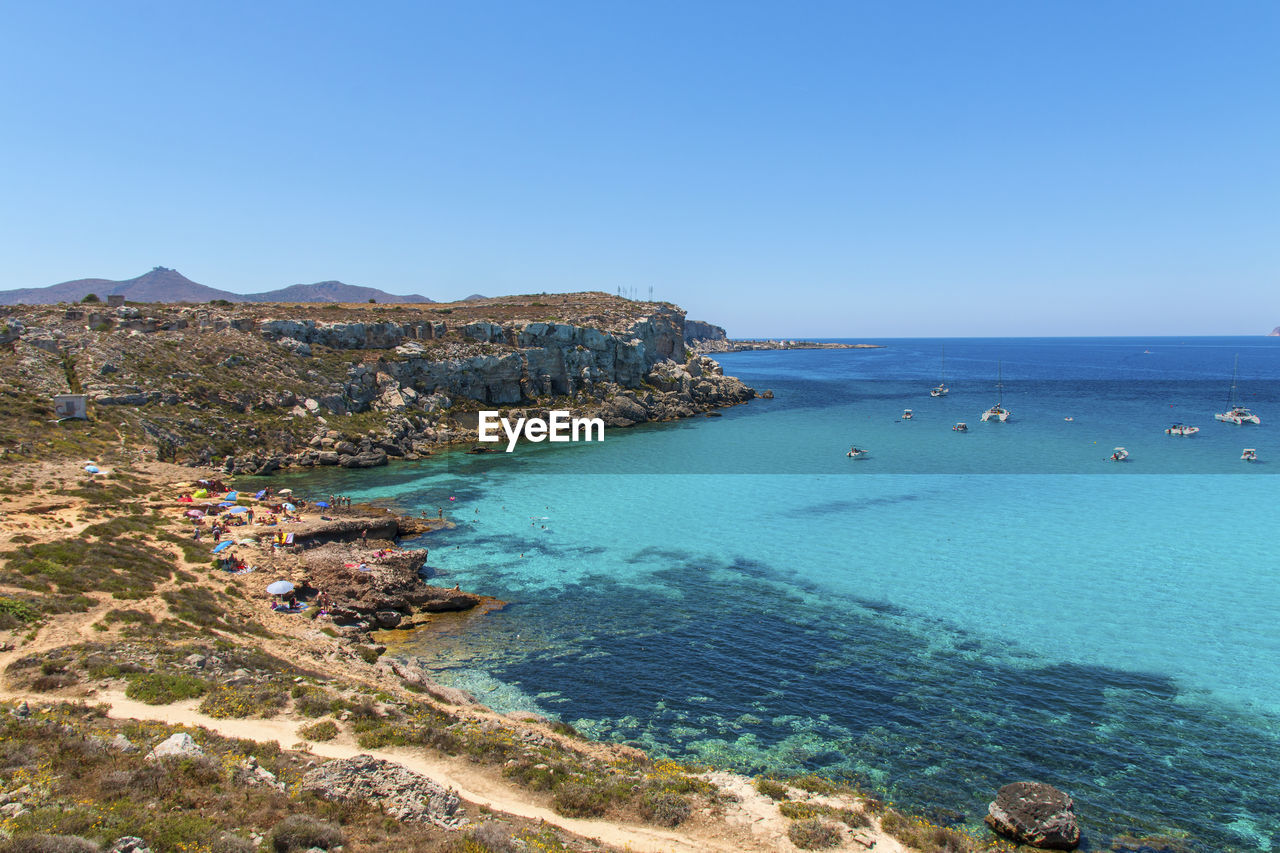 High angle view of sea against clear sky