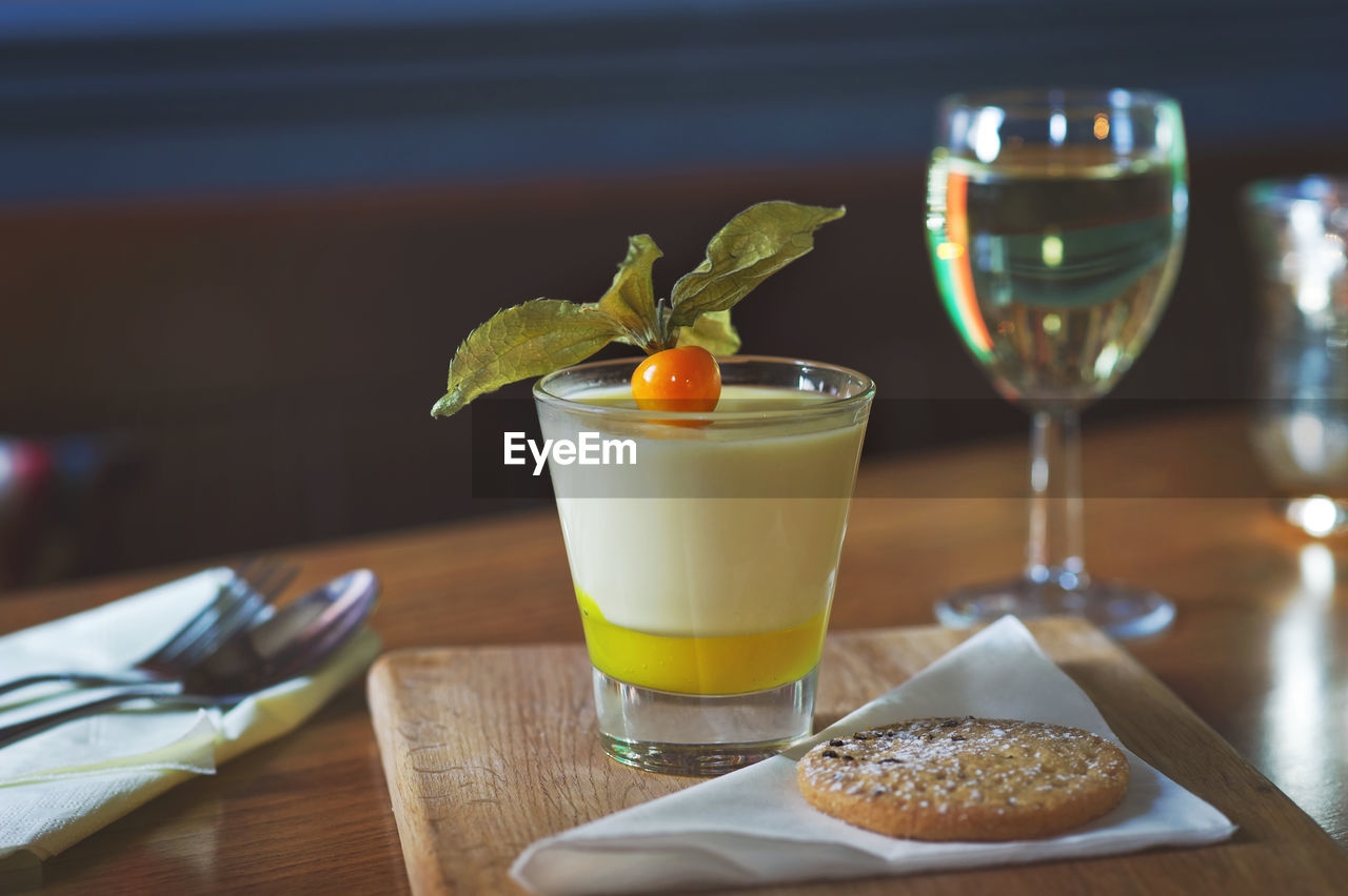 Close-up of food and drink on table