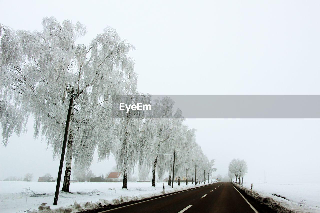 Street by bare trees on snow covered field against sky