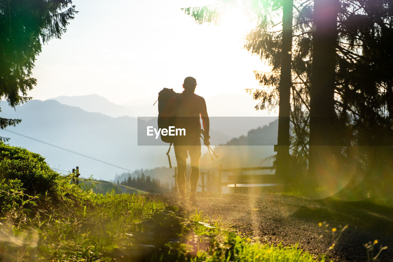 REAR VIEW OF MAN BY TREES ON MOUNTAIN AGAINST SKY