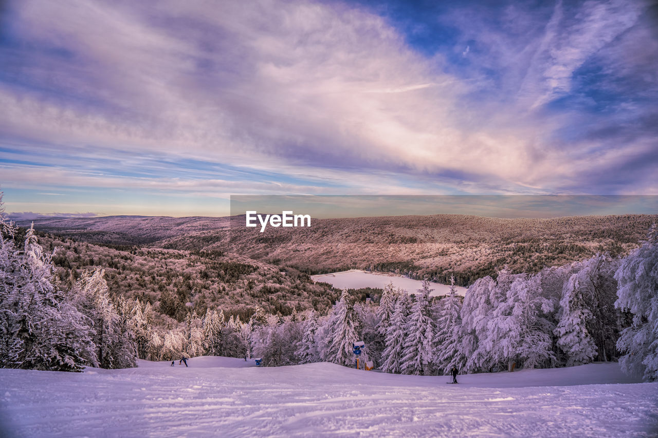 SNOW COVERED LAND AND TREES AGAINST SKY DURING SUNSET