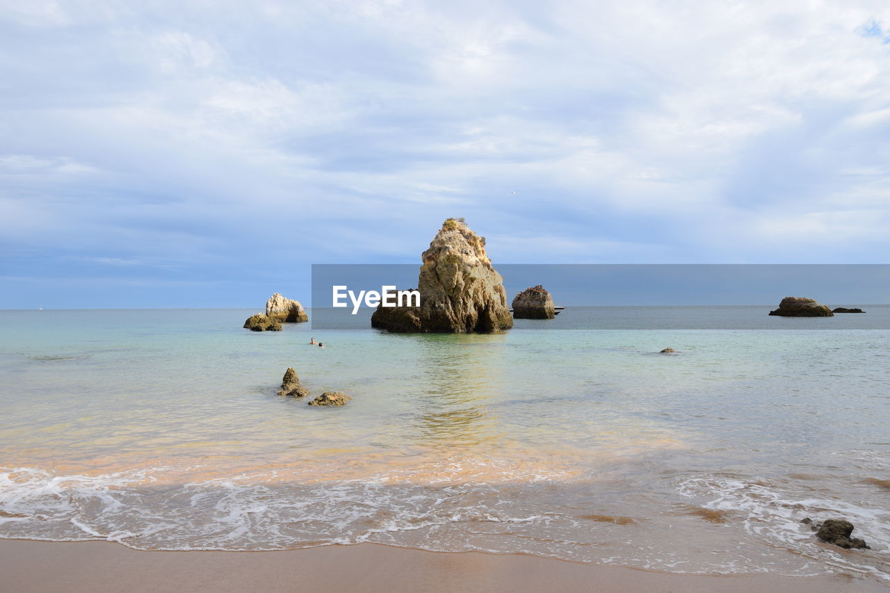 PANORAMIC VIEW OF ROCKS ON SEA AGAINST SKY