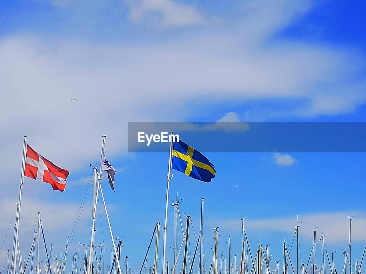 LOW ANGLE VIEW OF WIND FLAG AGAINST BLUE SKY