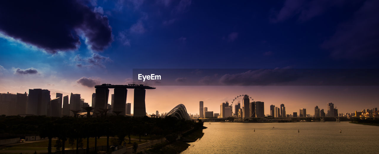 Panoramic view of city buildings against sky during sunset