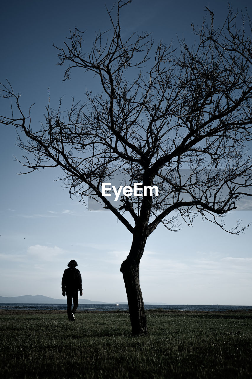 Rear view of silhouette man standing on field against sky