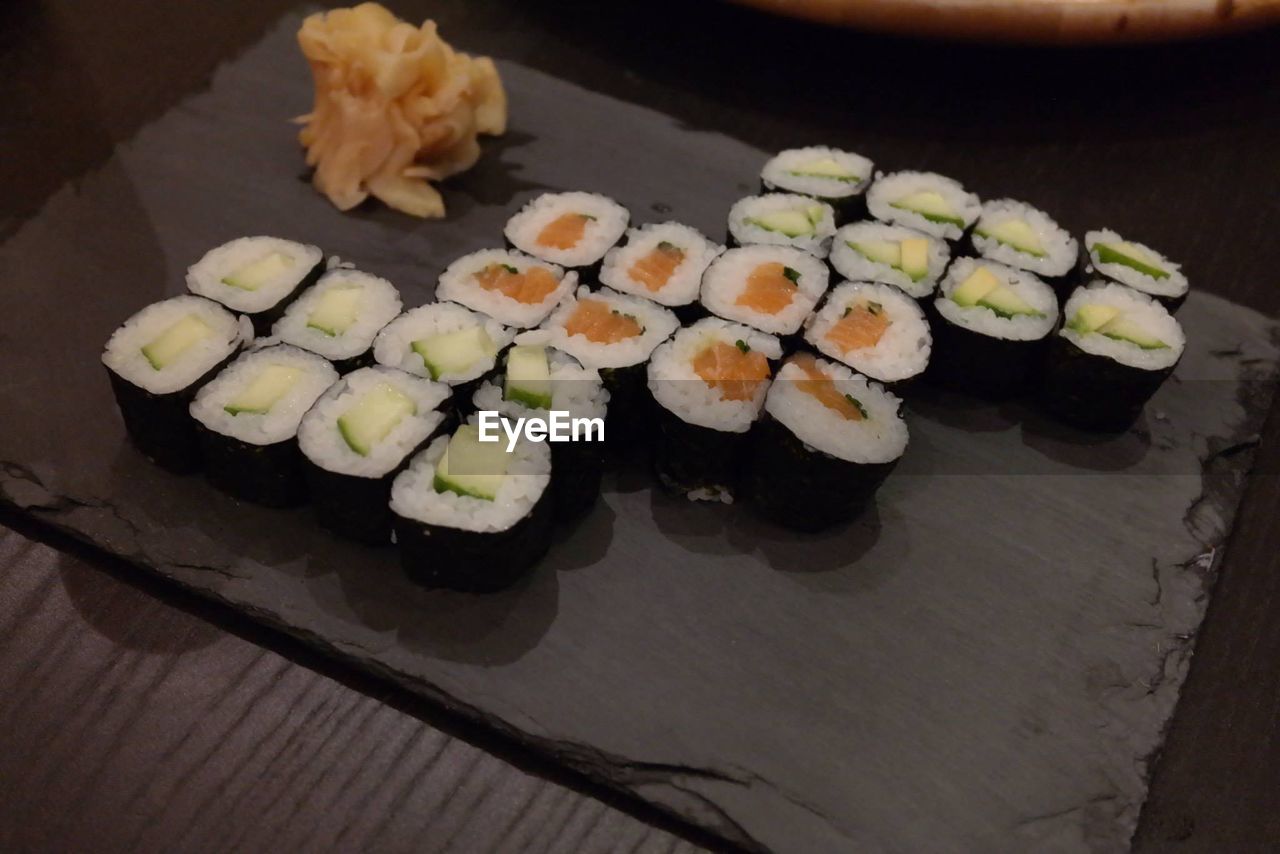 Directly above shot of served sushi in tray