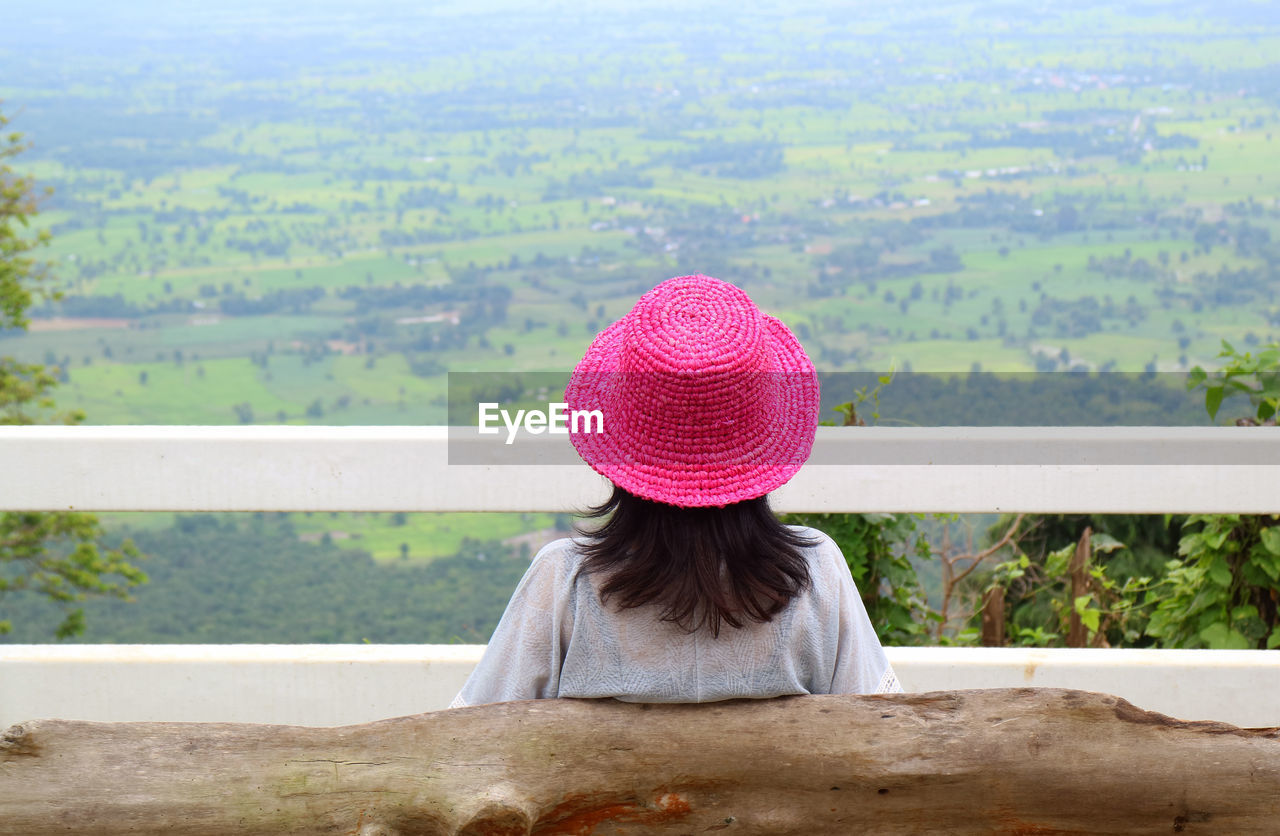 Rear view of woman sitting on landscape