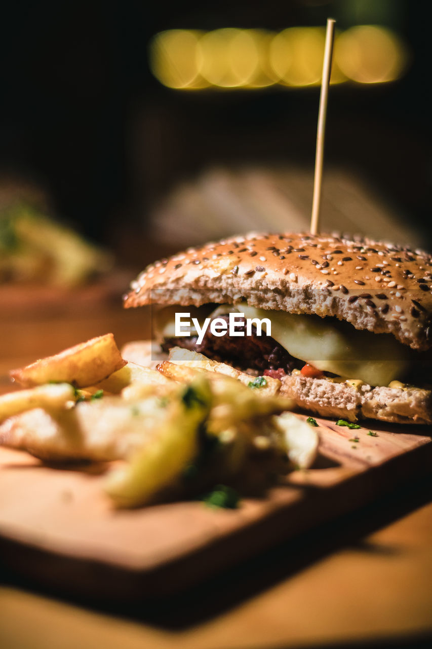 Close-up of sandwich served on table