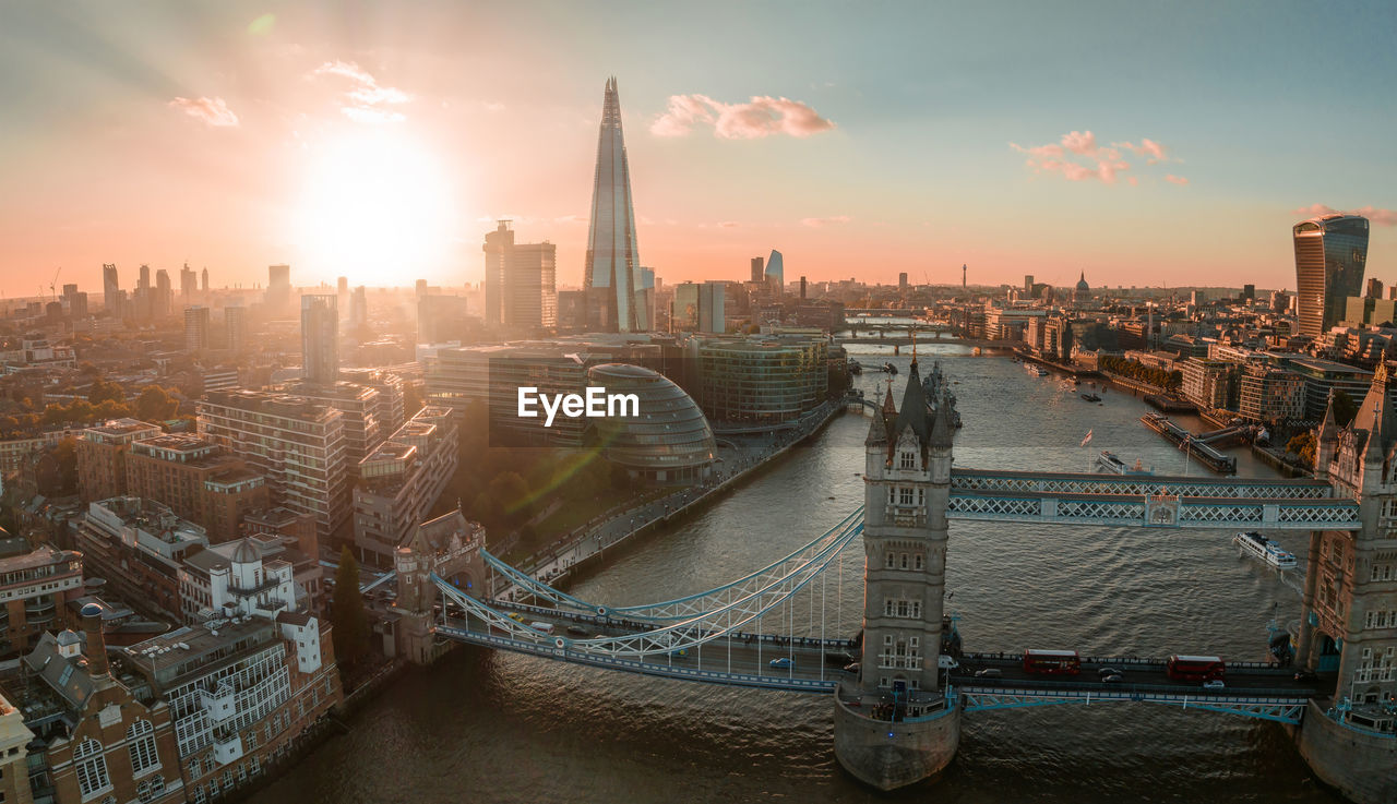 Aerial view of the london tower bridge at sunset.