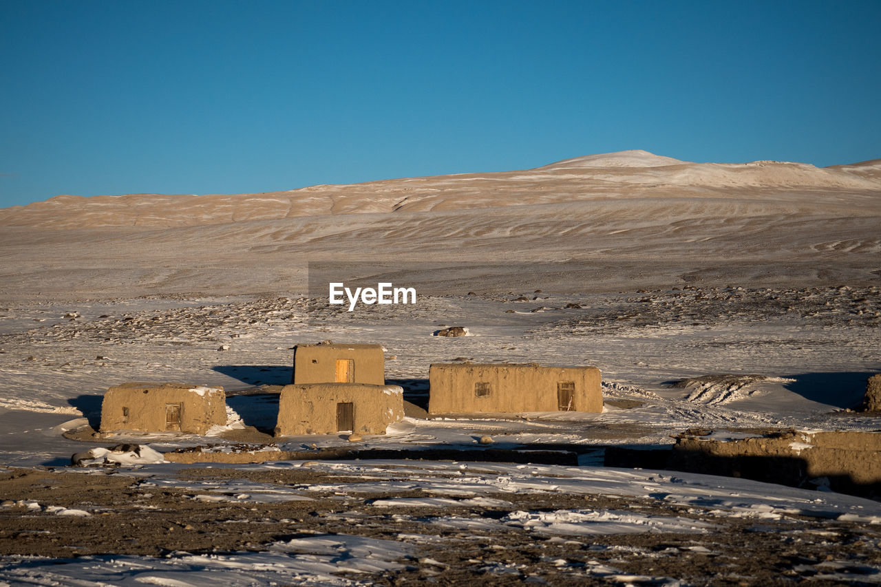 Built structures on land against clear blue sky