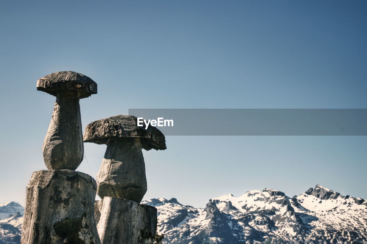 Low angle view of snowcapped mountains against clear sky