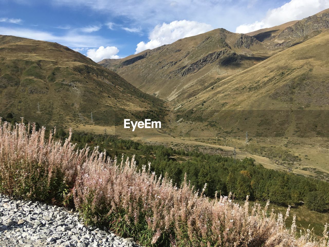 Scenic view of land and mountains against sky