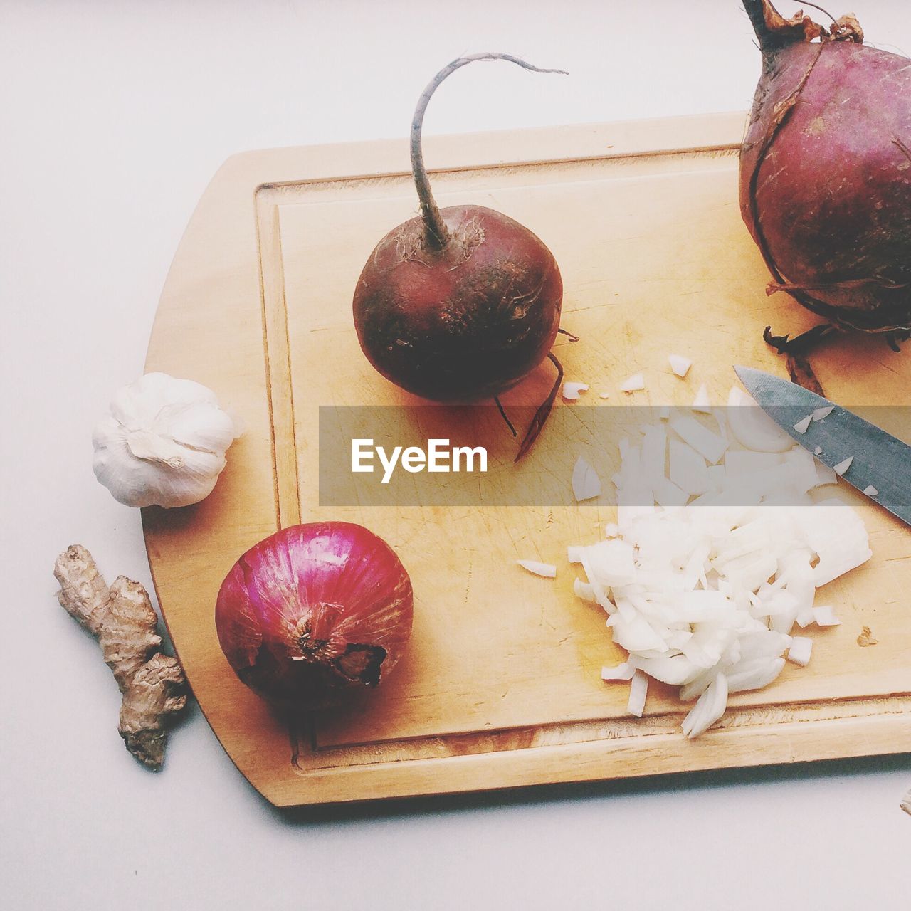 High angle view of vegetables on cutting board at home