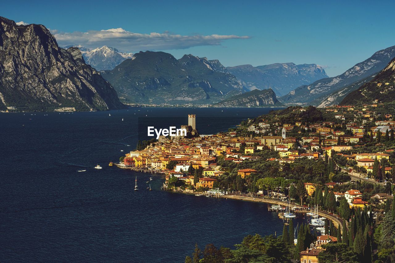 Aerial view of a city at waterfront