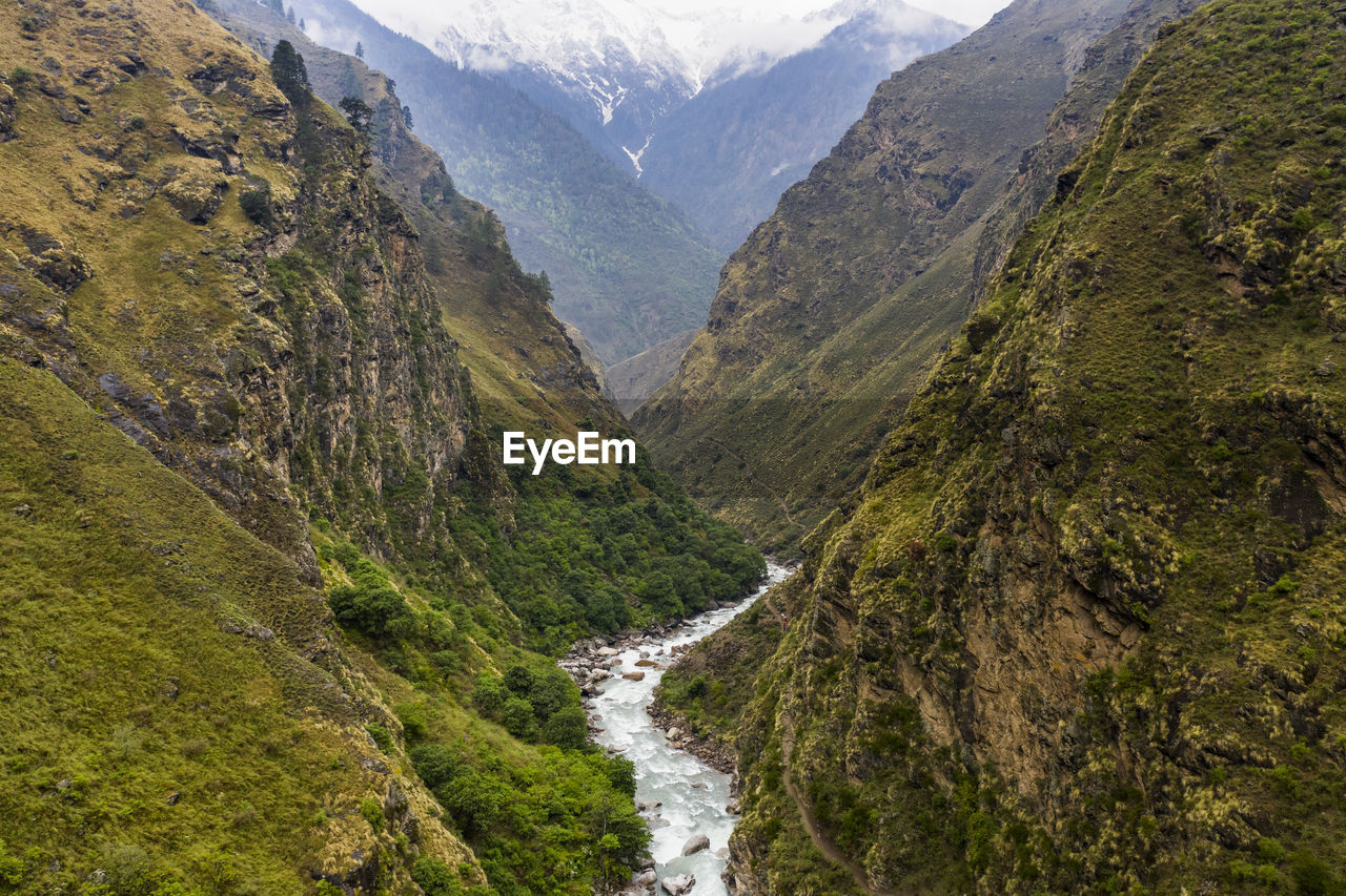 Steep rugged river valley landscape in the mountains, himalaya nepal