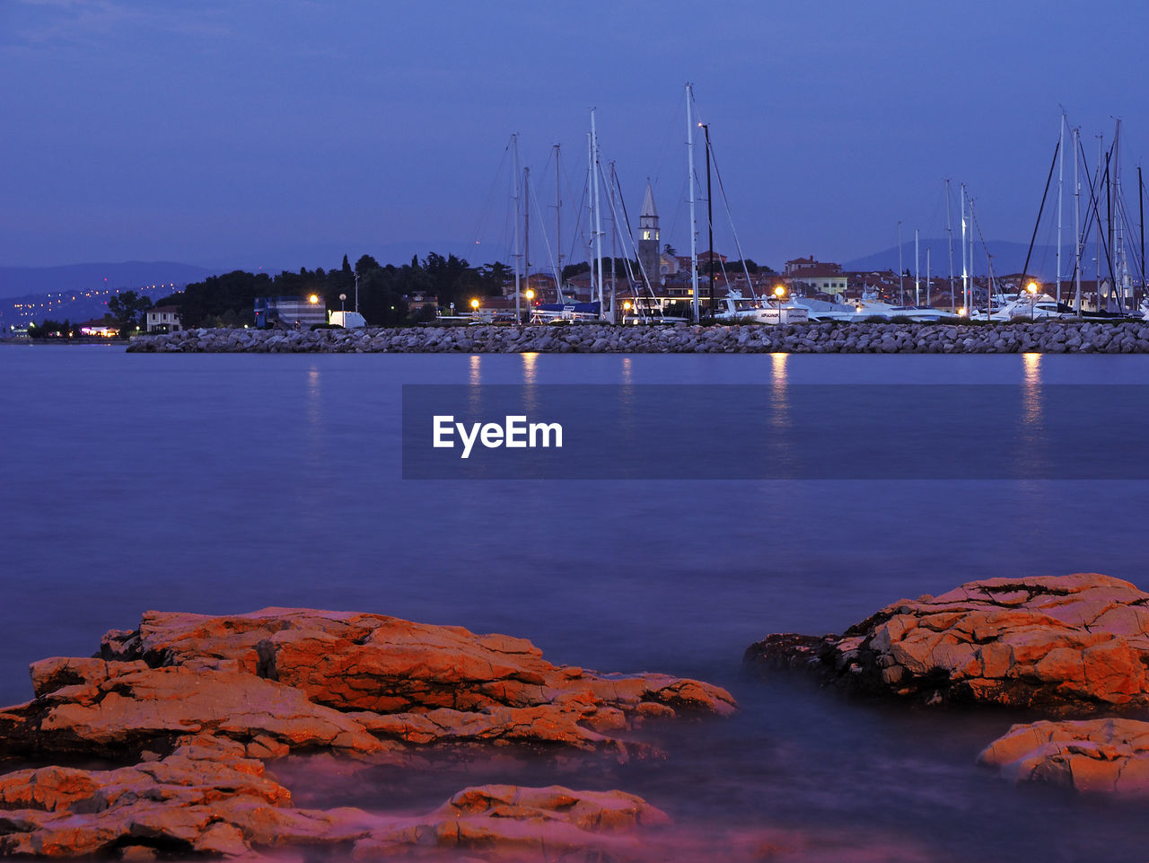 View of marina at night